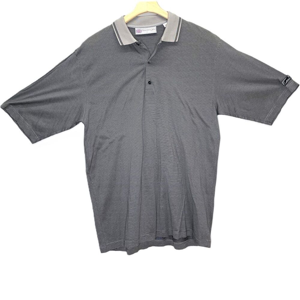 Slazenger Polo Shirt Mens L Striped Logo Golf Tennis Gray Classic Dadcore